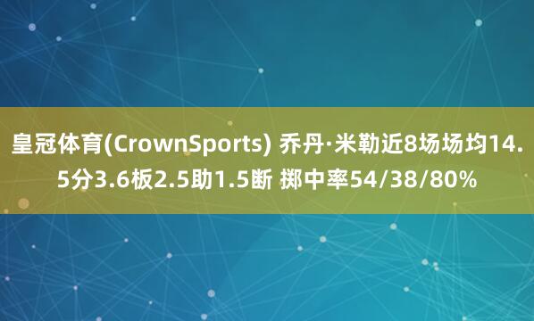 皇冠体育(CrownSports) 乔丹·米勒近8场场均14.5分3.6板2.5助1.5断 掷中率54/38/80%